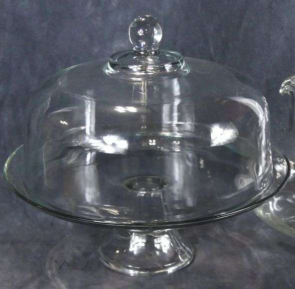 GLASS CAKE PLATE DOME & PITCHER
