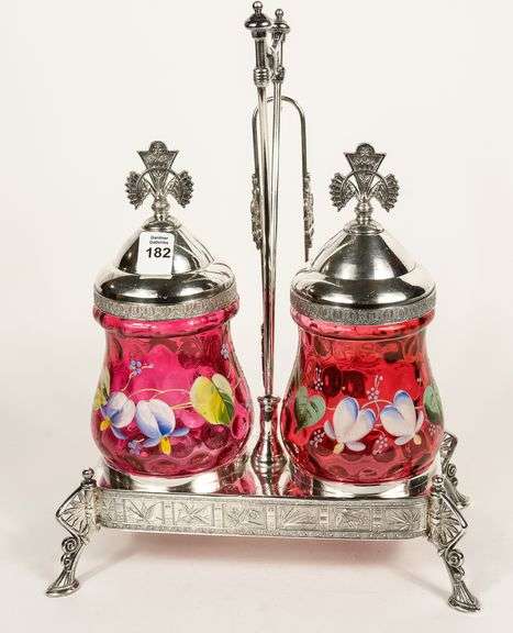RARE DOUBLE CRANBERRY PICKLE CRUET SET