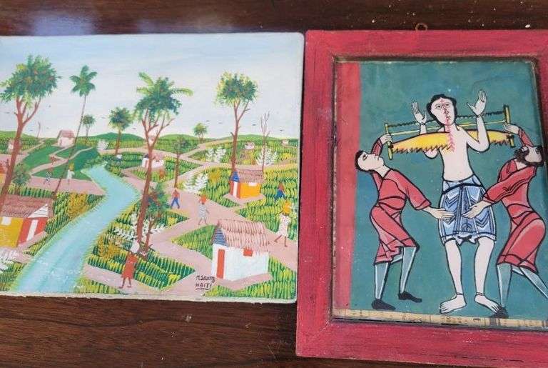 BOX LOT OF WOOD CARVINGS, GLASS DOME, ETC.