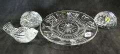 THREE WATERFORD PAPERWEIGHTS AND PLATE