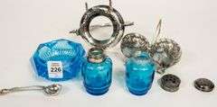 BLUE GLASS SHAKERS AND CONDIMENT BOWL