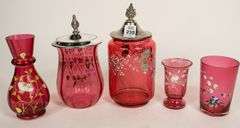 FIVE PIECES OF CRANBERRY GLASS