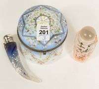 TWO SCENT BOTTLES AND DRESSER JAR