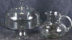 GLASS CAKE PLATE DOME & PITCHER