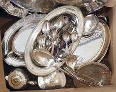 BOX LOT OF SILVER PLATE AND CUTLERY