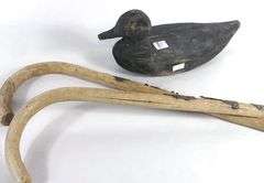 TWO PRIMITIVE CARVED WALKING STICKS & DUCK DECOY
