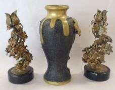 GILDED METAL CANDLESTICKS AND BRONZE VASE