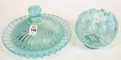 OPALESCENT GLASS BUTTER DISH AND VASE