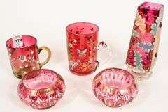 FIVE PIECES OF CRANBERRY GLASS