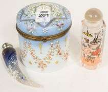 TWO SCENT BOTTLES AND DRESSER JAR