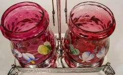 RARE DOUBLE CRANBERRY PICKLE CRUET SET