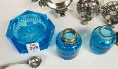 BLUE GLASS SHAKERS AND CONDIMENT BOWL
