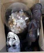 BOX LOT OF WOOD CARVINGS, GLASS DOME, ETC.