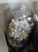 BOX LOT OF WOOD CARVINGS, GLASS DOME, ETC.