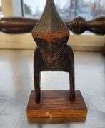 BOX LOT OF WOOD CARVINGS, GLASS DOME, ETC.