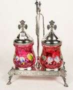 RARE DOUBLE CRANBERRY PICKLE CRUET SET