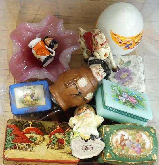 BIN OF TRINKET BOXES, TOBY JUGS, ETC.