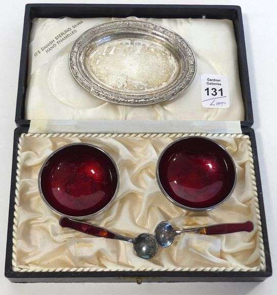 ENAMELED STERLING SALT DISHES AND SMALL TRAY