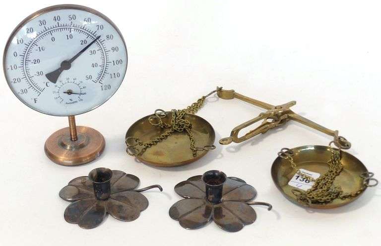 DANISH CANDLEHOLDERS, BRASS SCALE AND THERMOMETER