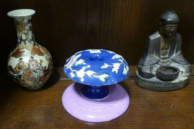 TWO VASES, CANDLEHOLDER, FIGURE AND INCENSE BURNER