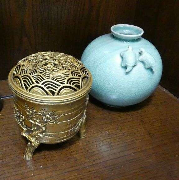 TWO VASES, CANDLEHOLDER, FIGURE AND INCENSE BURNER