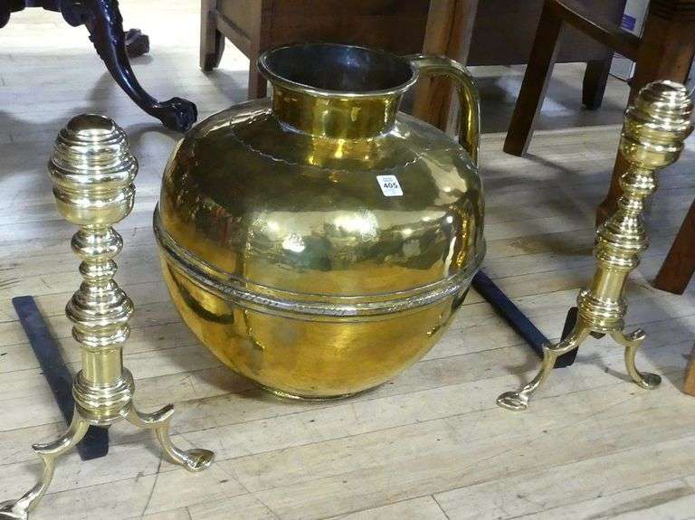 PAIR OF BRASS ANDIRONS AND WATER JUG