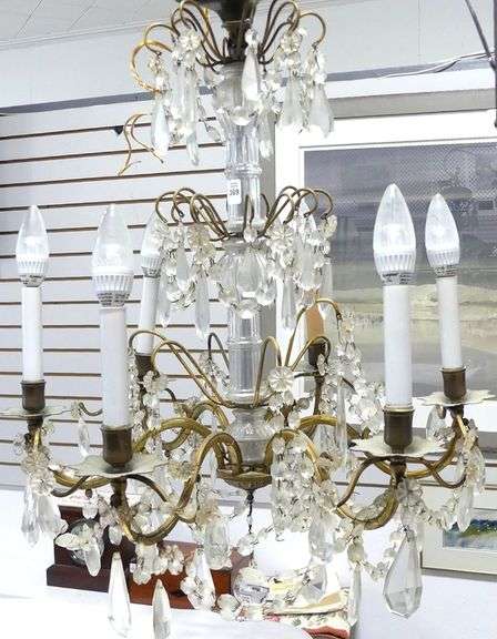 ANTIQUE BRASS AND CRYSTAL CHANDELIER
