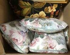 LARGE BOX LOT OF ARTWORK AND PILLOWS