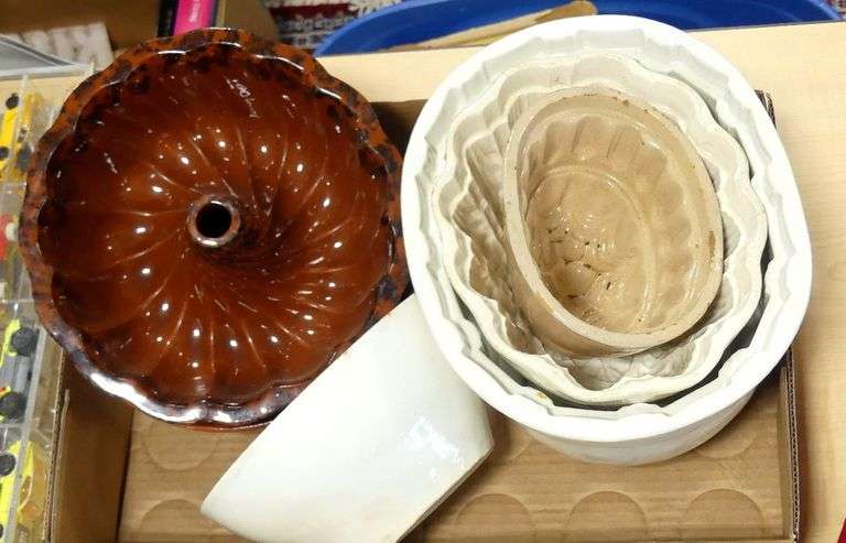 SIX ANTIQUE POTTERY JELLY MOULDS