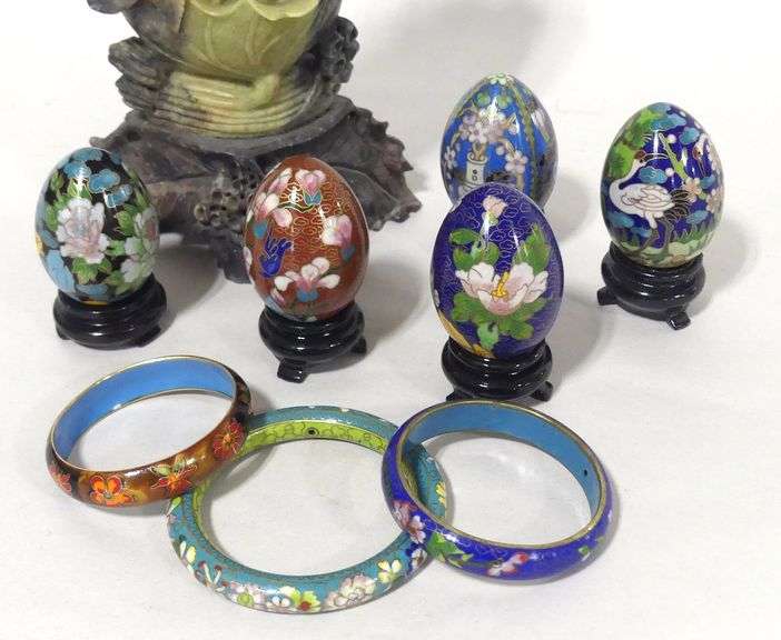 CLOISONNE EGGS, BRACELETS AND SOAPSTONE VASE