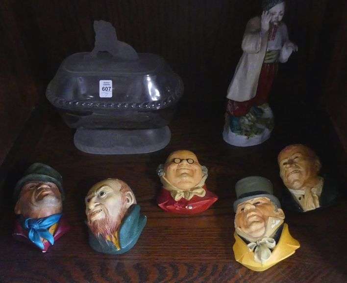 BOSSON HEADS, FIGURINE AND LION COVERED BOWL
