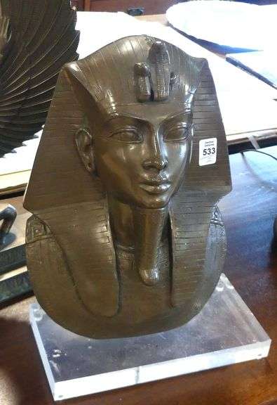 BRONZE "KING TUT" BUST AND RESIN "ISIS" CLOCK