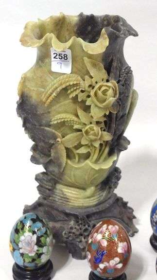 CLOISONNE EGGS, BRACELETS AND SOAPSTONE VASE