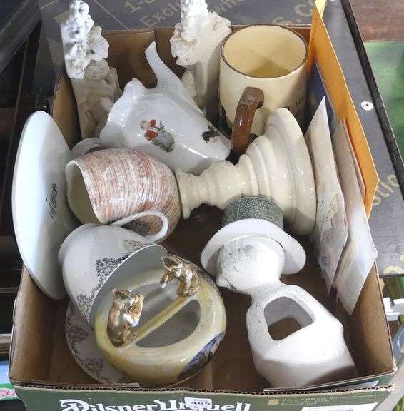 BOX LOT OF PORCELAIN, POTTERY AND STAMPS