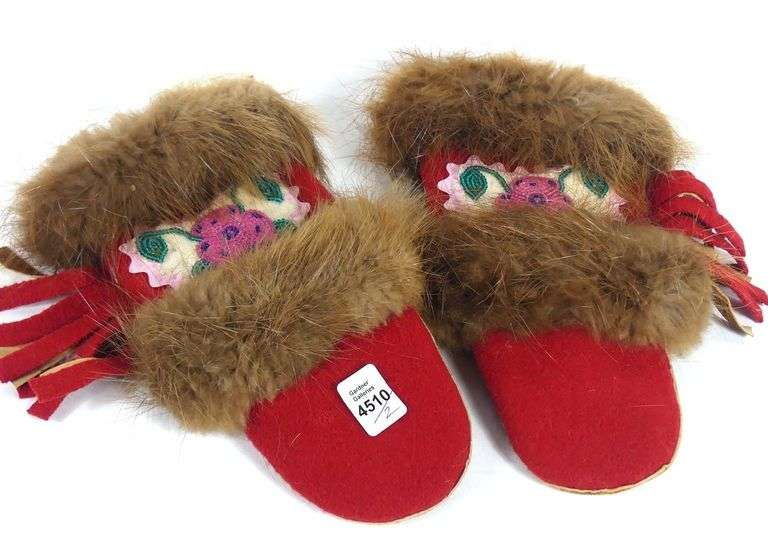 PAIR FUR & EMBROIDERED MITTENS
