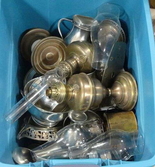 BOX AND BIN OF OIL LAMPS AND SILVER  PLATE