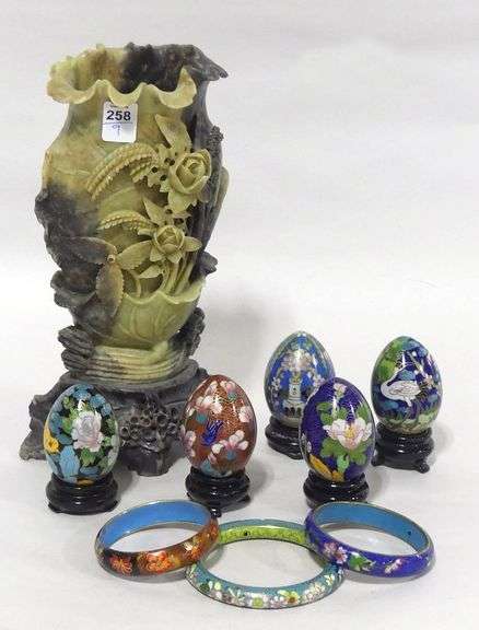 CLOISONNE EGGS, BRACELETS AND SOAPSTONE VASE