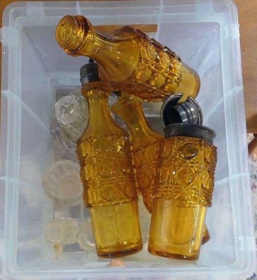 TWO SMALL BINS OF GLASS CONDIMENTS