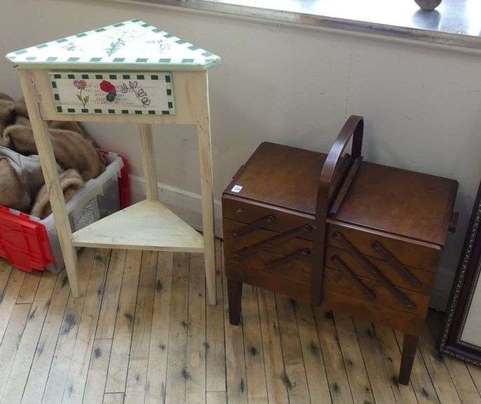 PAINTED STAND TABLE AND ACCORDION SEWING BOX