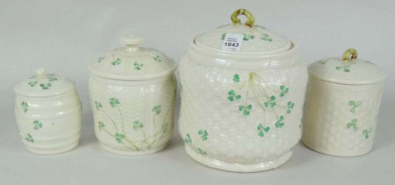 4 BELLEEK COVERED JARS