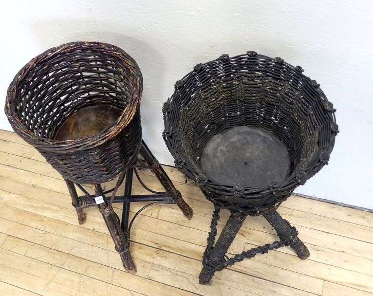 TWO VINTAGE WICKER PLANT STANDS