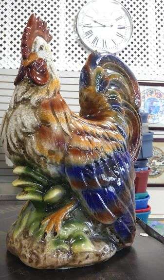 LARGE POTTERY HEN AND ROOSTER FIGURINES