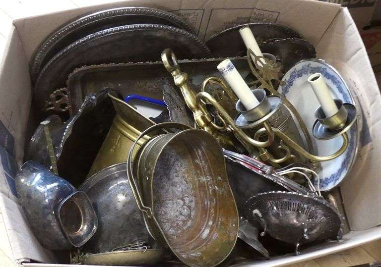 BOX LOT OF SILVER PLATE AND BRASS