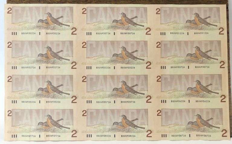 UNCUT SHEET OF CANADIAN $2 BILLS