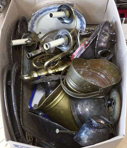 BOX LOT OF SILVER PLATE AND BRASS