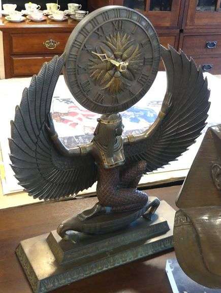 BRONZE "KING TUT" BUST AND RESIN "ISIS" CLOCK