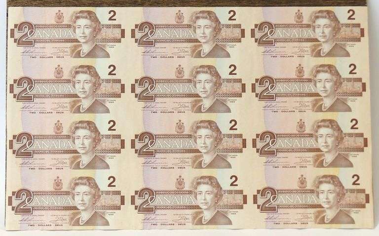UNCUT SHEET OF CANADIAN $2 BILLS