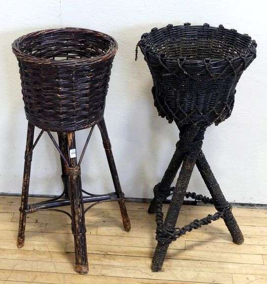 TWO VINTAGE WICKER PLANT STANDS