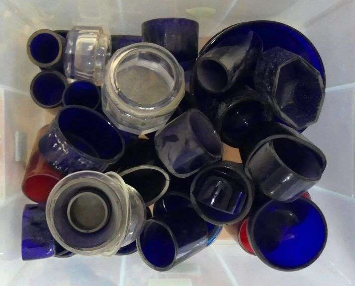 TWO SMALL BINS OF GLASS CONDIMENTS