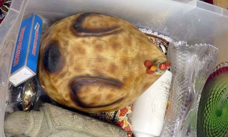 BOX AND BIN OF CHINA, GLASS, GARDEN ORNAMENT, ETC.